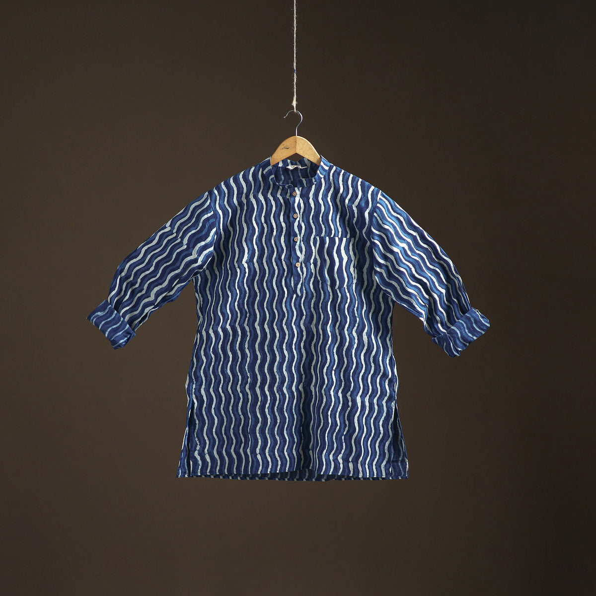 Indigo Bagru Block Print Natural Dyed Cotton Short Men Kurta 02