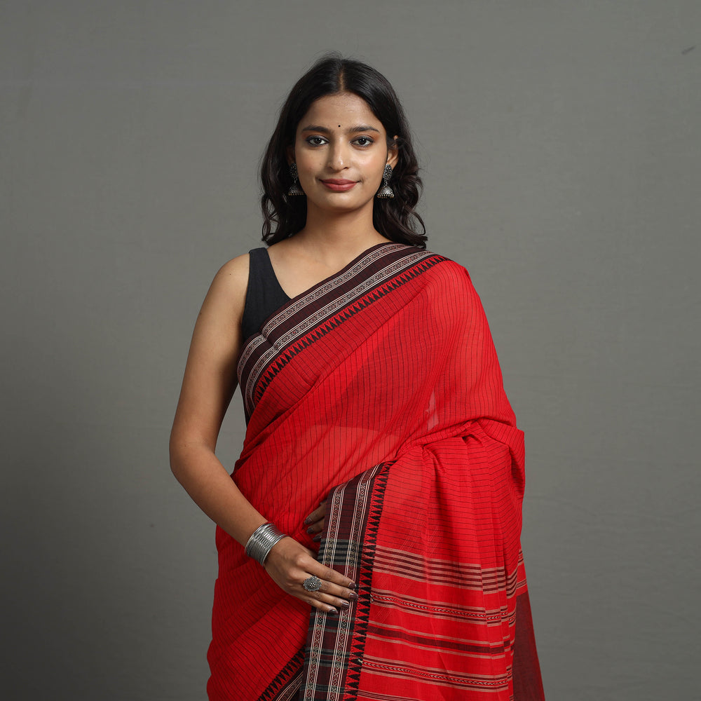 Red - Bengal Handwoven Cotton Stripes Begampuri Saree 27