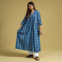 Blue - Dabu Block Printed Cotton Flared Gher Dress