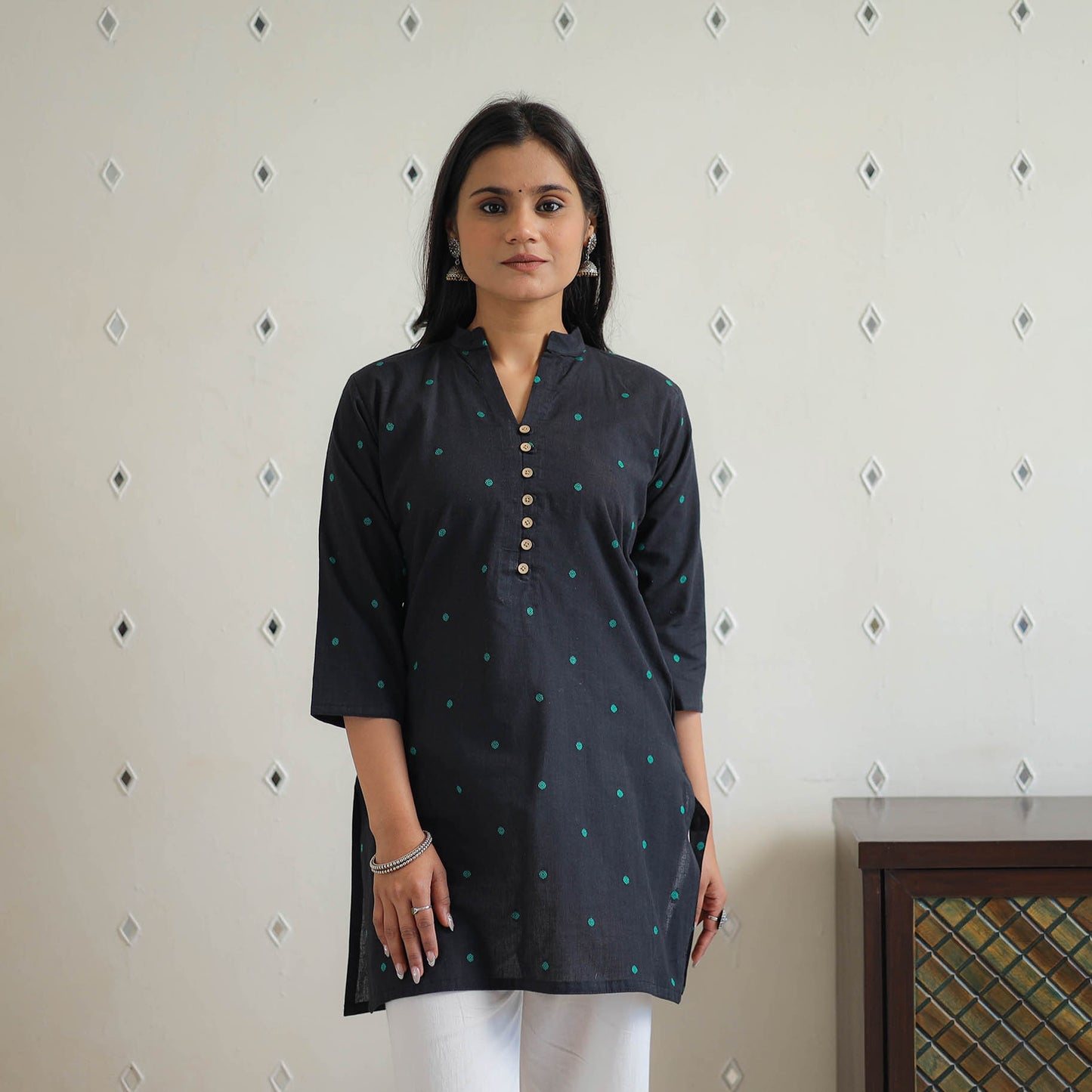 Black - Pure Cotton Short Jacquard Kurta 03