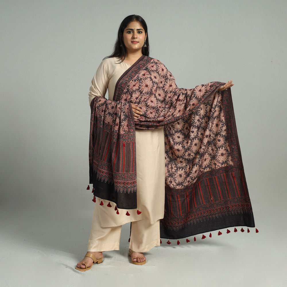 Brown - Block Printed Cotton Ajrakh Dupatta with Tassels 20