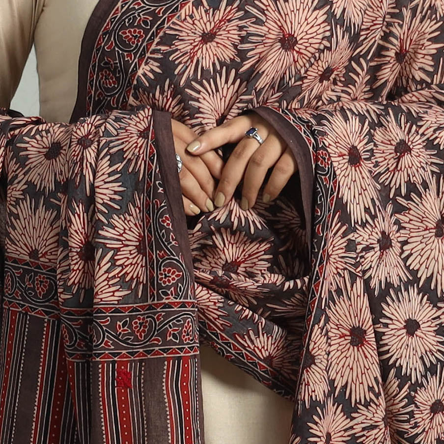 Brown - Block Printed Cotton Ajrakh Dupatta with Tassels 20