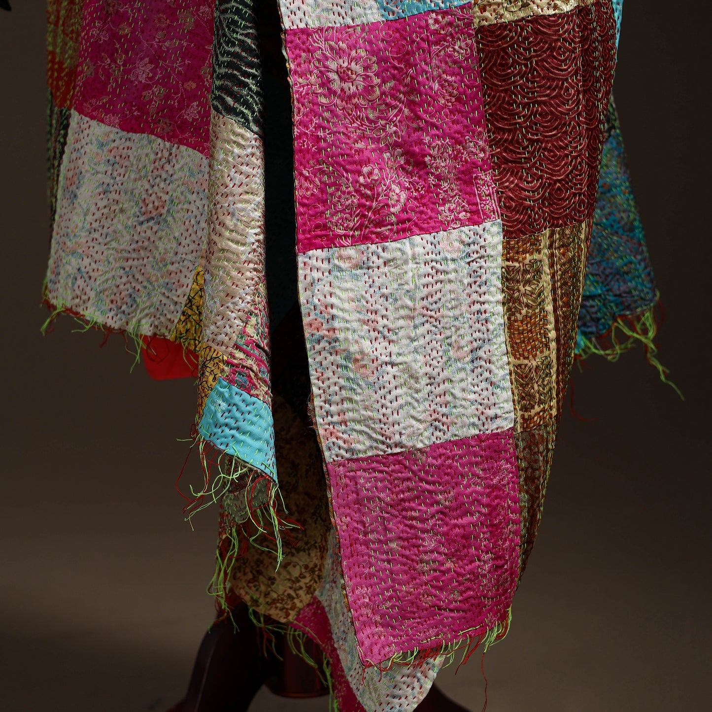 Bengal Hand Embroidery Patchwork Reversible Silk Kantha Dupatta 77