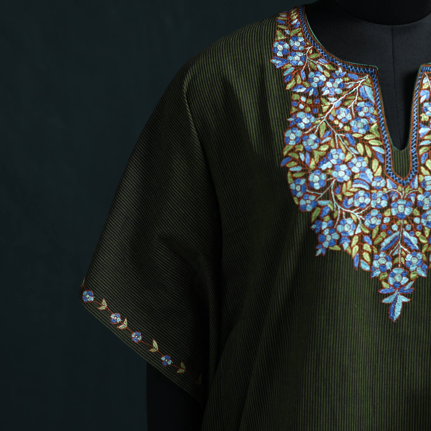 Green - Kashmiri Kashida Hand Embroidered Cotton Kaftan (Medium) 25
