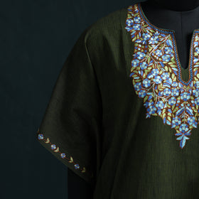 Green - Kashmiri Kashida Hand Embroidered Cotton Kaftan (Medium) 25