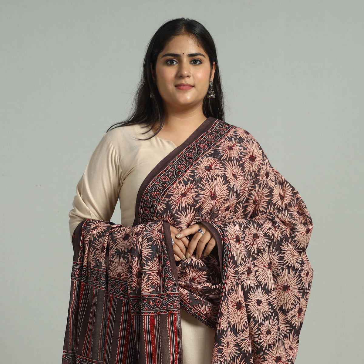 Brown - Block Printed Cotton Ajrakh Dupatta with Tassels 20