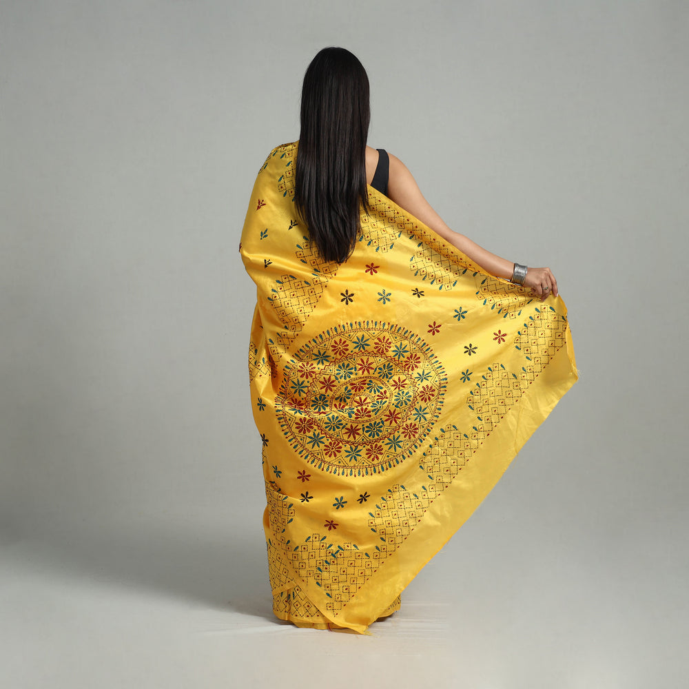 Yellow - Handcrafted Bengal Nakshi Kantha Work Silk Saree 52