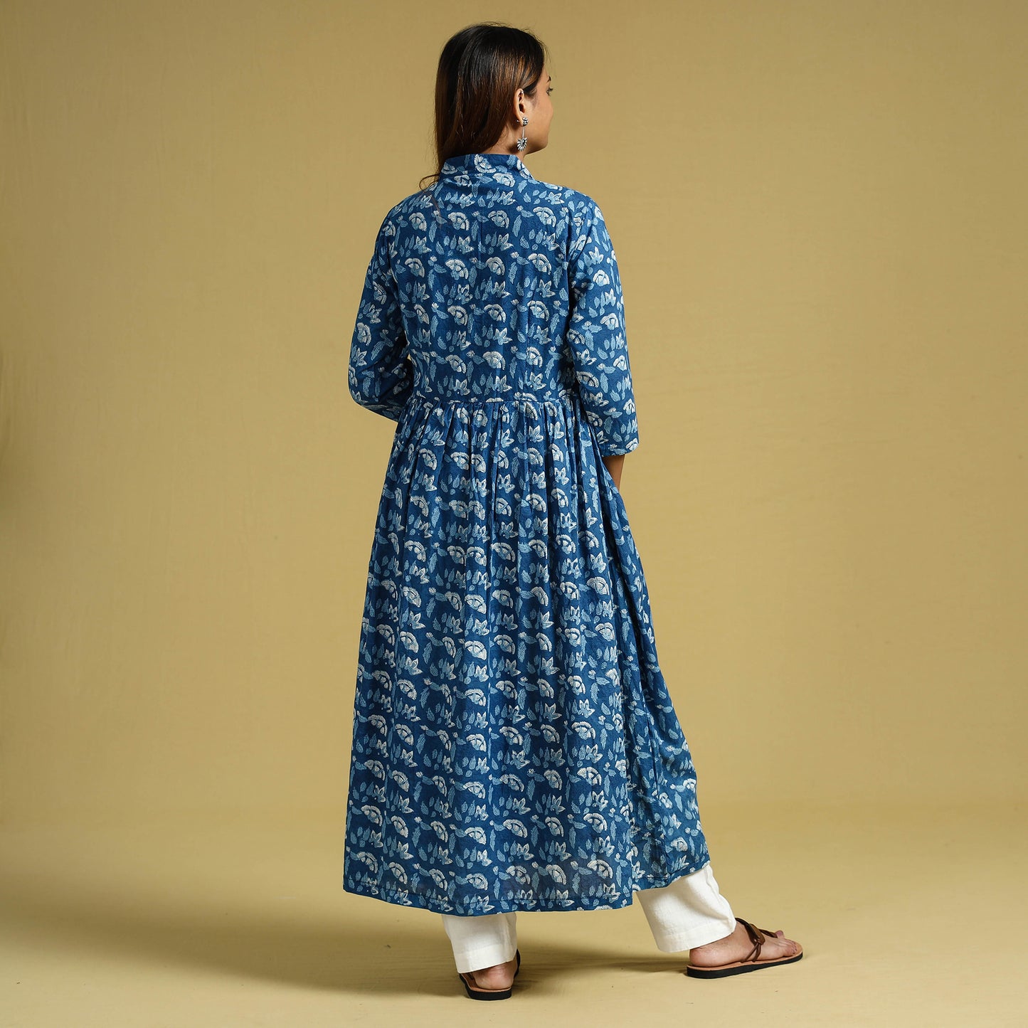 Blue - Indigo - Dabu Block Printed Cotton Flared Gher Dress