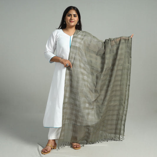 Grey - Handloom Missing Checks Cotton Mangalagiri Dupatta 01