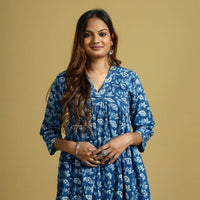 Blue - Dabu Block Printed Cotton Flared Gher Dress