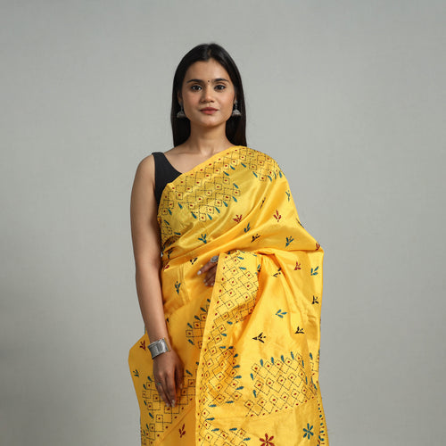 Yellow - Handcrafted Bengal Nakshi Kantha Work Silk Saree 52