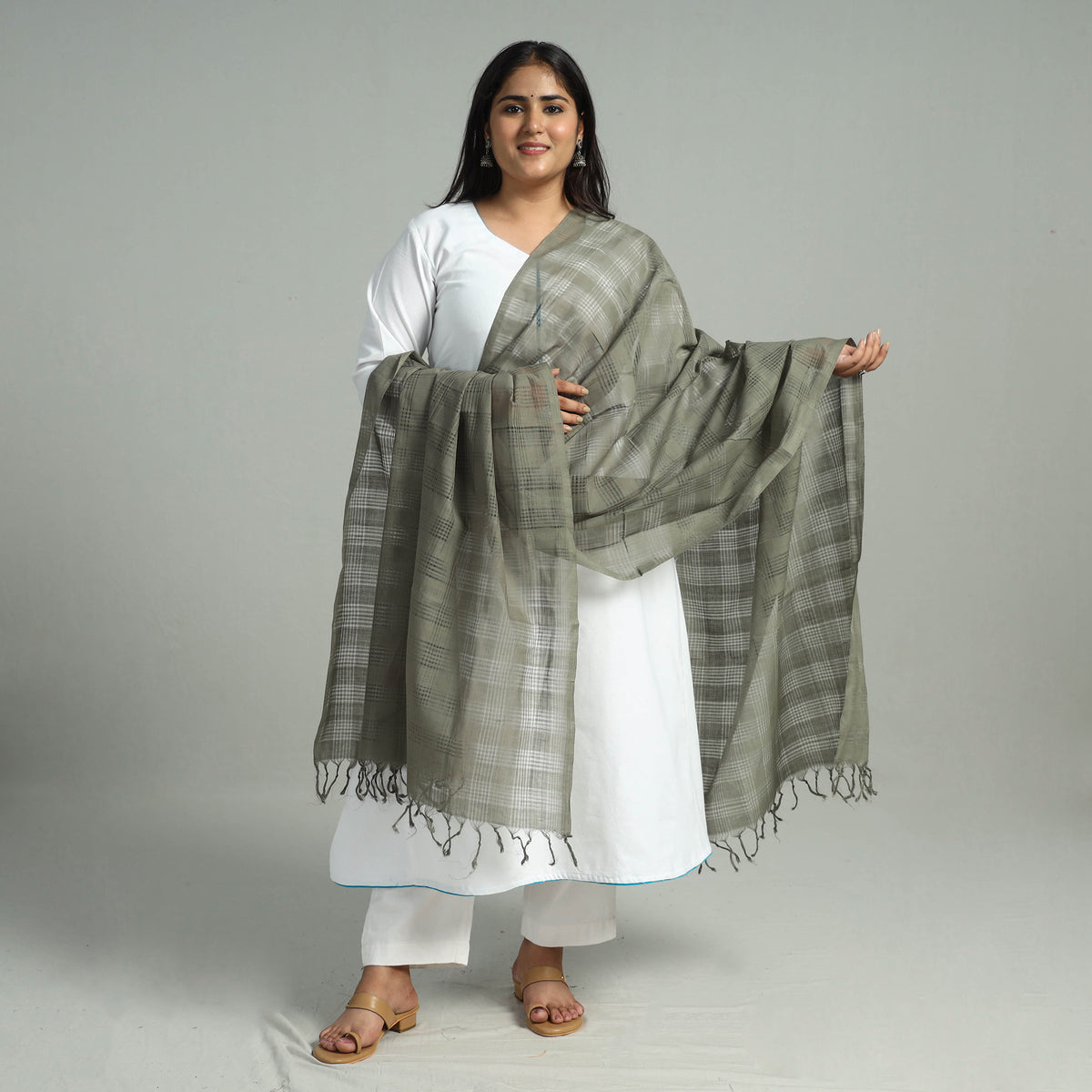 Grey - Handloom Missing Checks Cotton Mangalagiri Dupatta 01