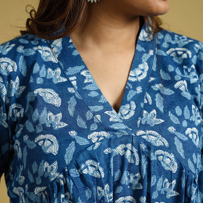 Blue - Indigo - Dabu Block Printed Cotton Flared Gher Dress