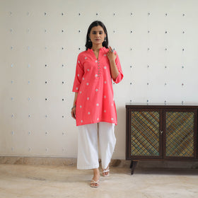 Buy Dark Peach Cotton Short Jacquard Kurta for Women