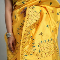 Yellow - Handcrafted Bengal Nakshi Kantha Work Silk Saree 52