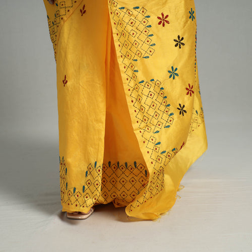 Yellow - Handcrafted Bengal Nakshi Kantha Work Silk Saree 52