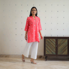 Buy Dark Peach Cotton Short Jacquard Kurta for Women