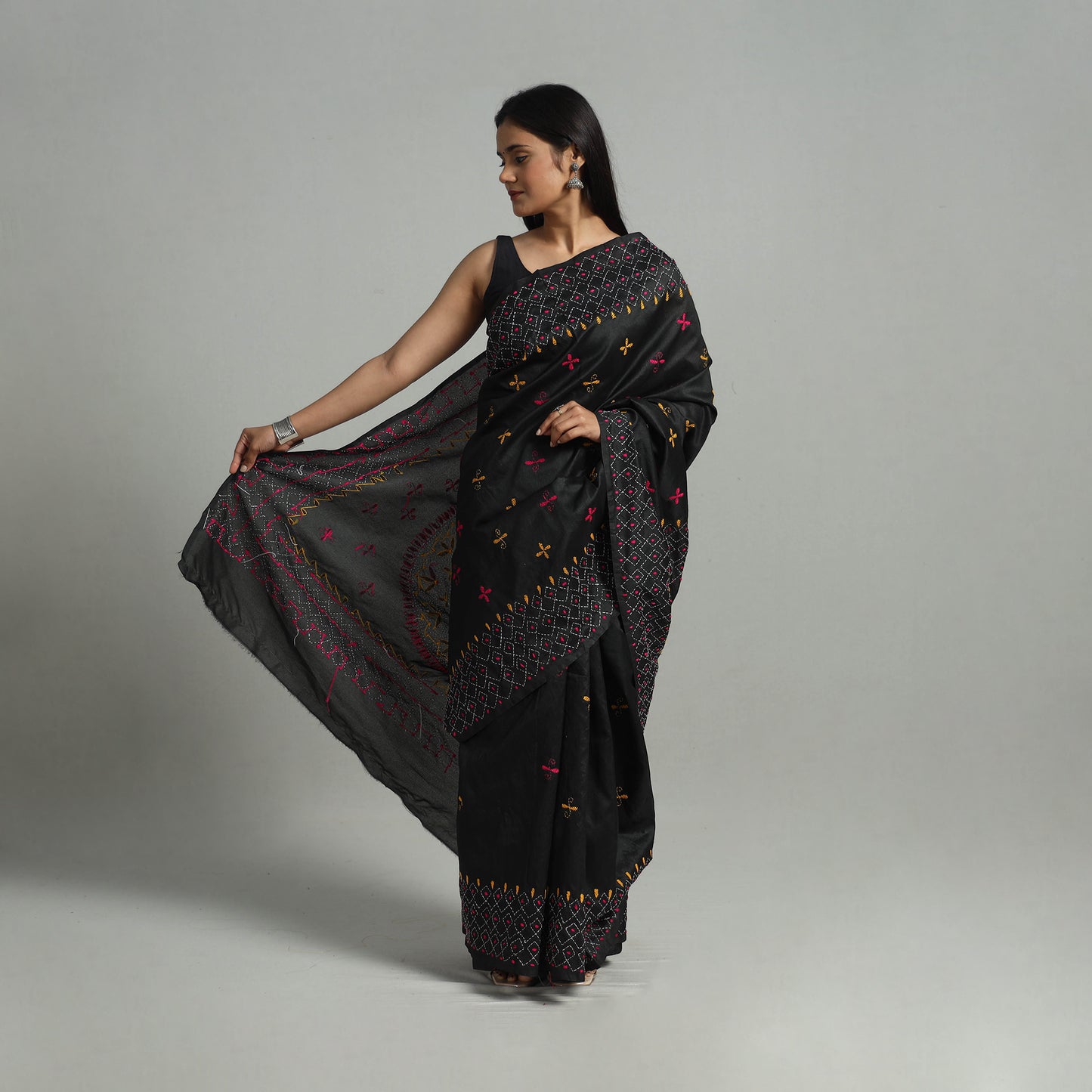 Black - Handcrafted Bengal Nakshi Kantha Work Silk Saree 55