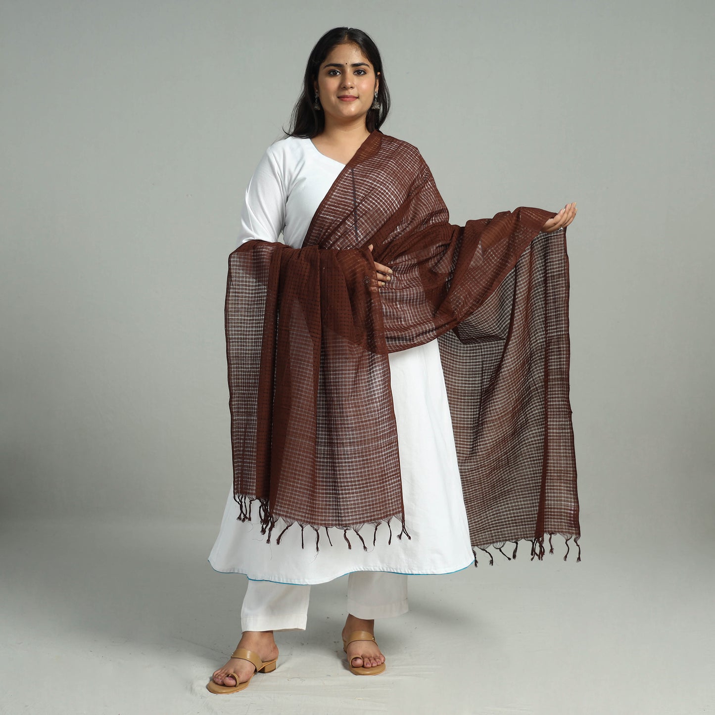 Brown - Handloom Missing Checks Cotton Mangalagiri Dupatta 02