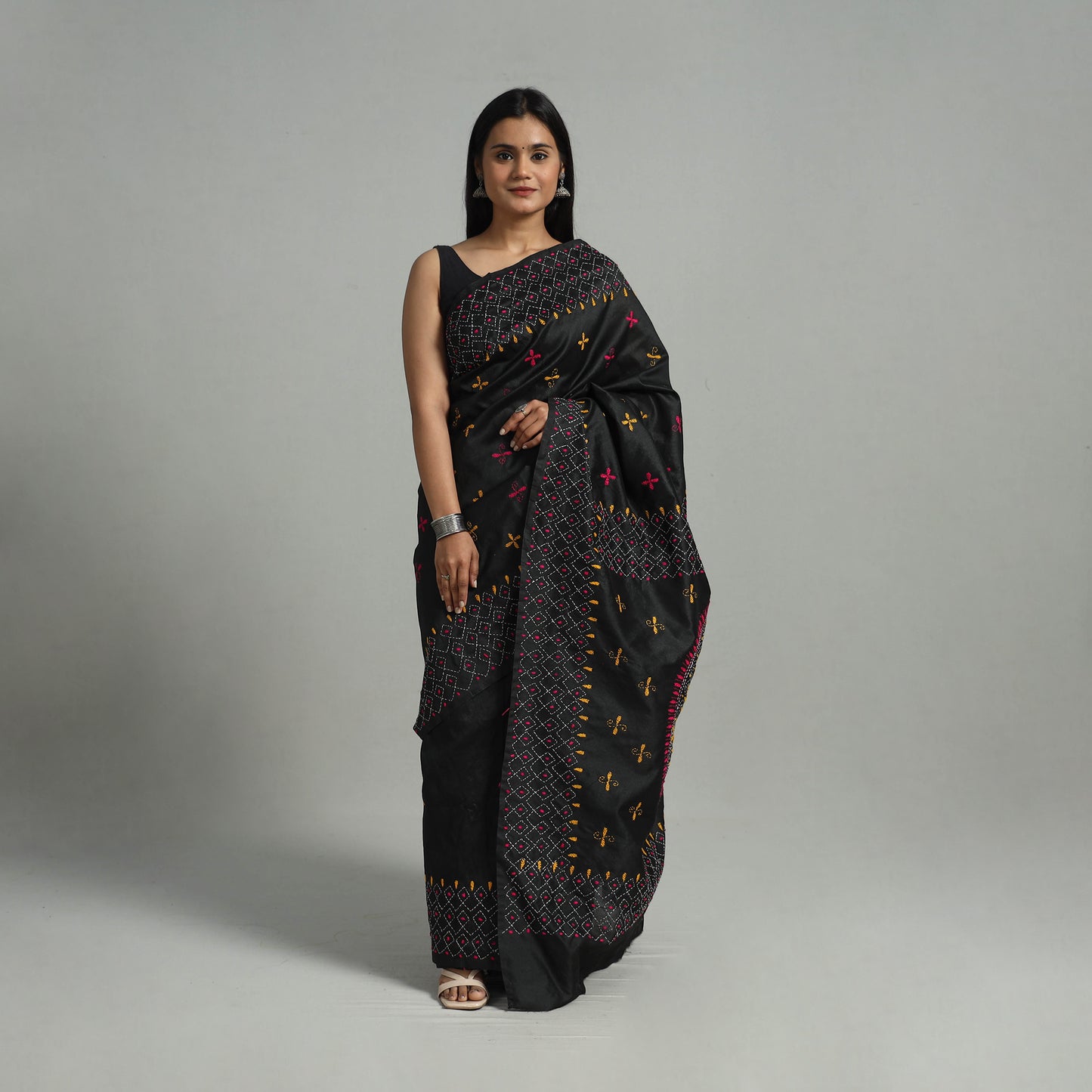 Black - Handcrafted Bengal Nakshi Kantha Work Silk Saree 55