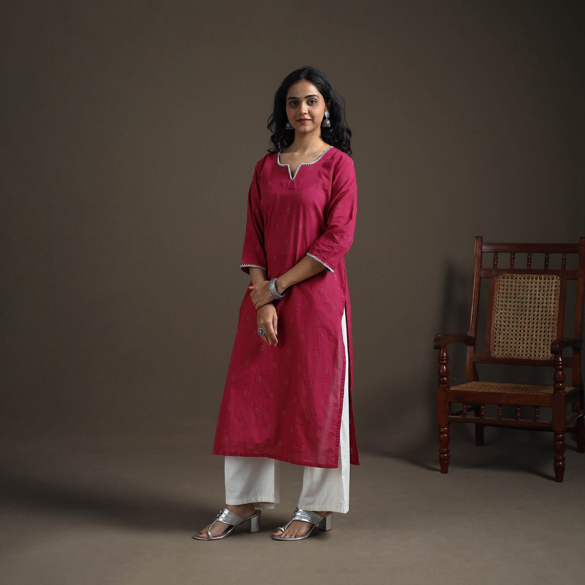 Hand Embroidered Jacquard Cotton Straight Long Kurta for Women 13