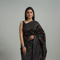 Black - Handcrafted Bengal Nakshi Kantha Work Silk Saree 55