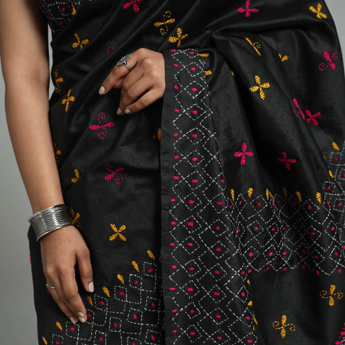 Black - Handcrafted Bengal Nakshi Kantha Work Silk Saree 55