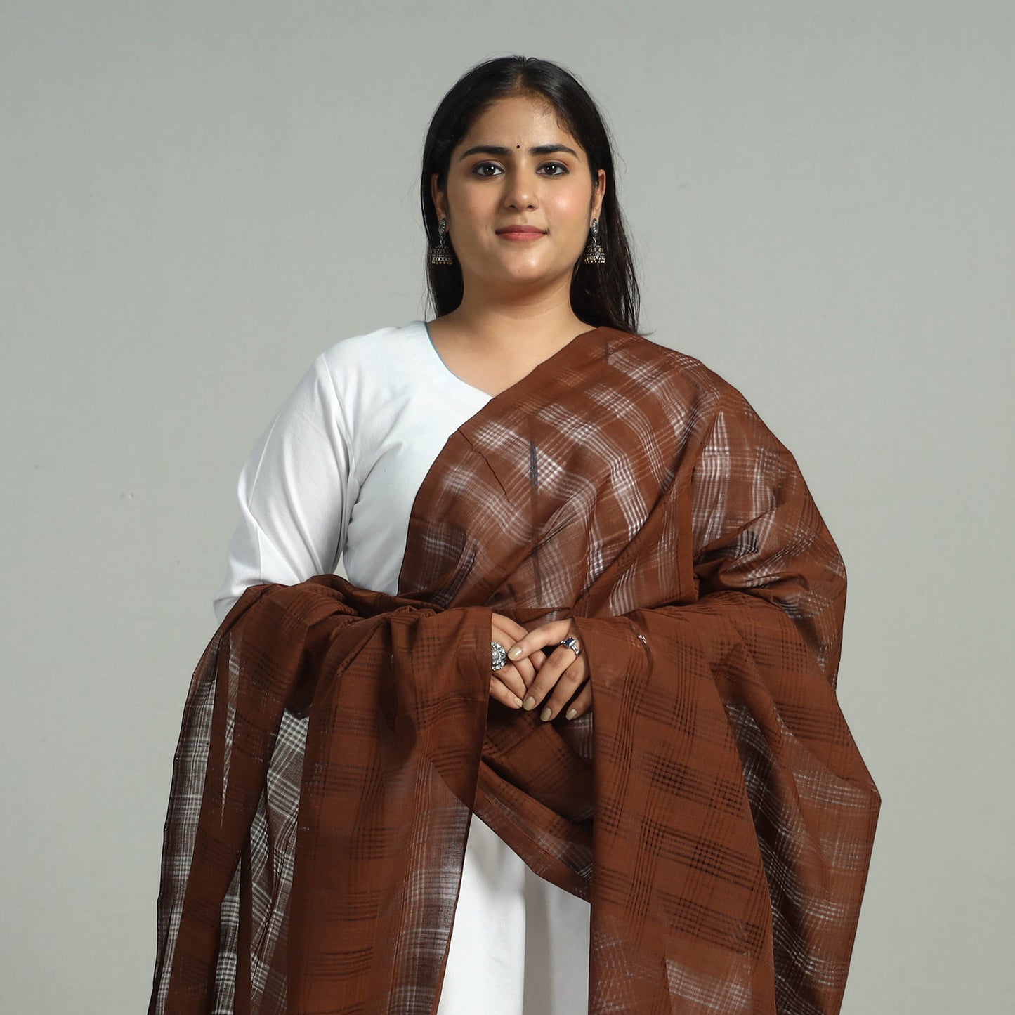 Brown - Handloom Missing Checks Cotton Mangalagiri Dupatta 03