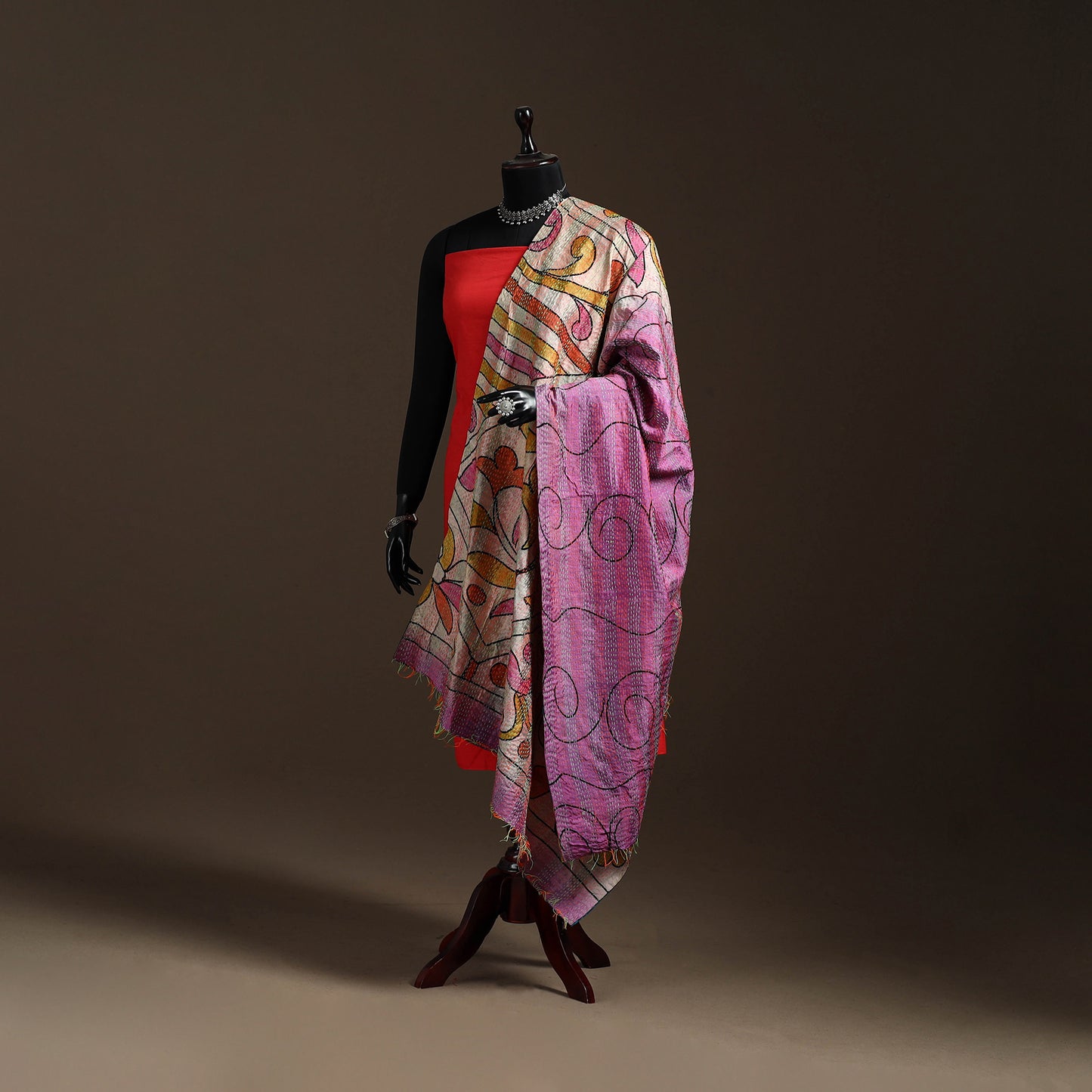 Multicolor - Bengal Hand Embroidery Patchwork Reversible Silk Kantha Dupatta 78