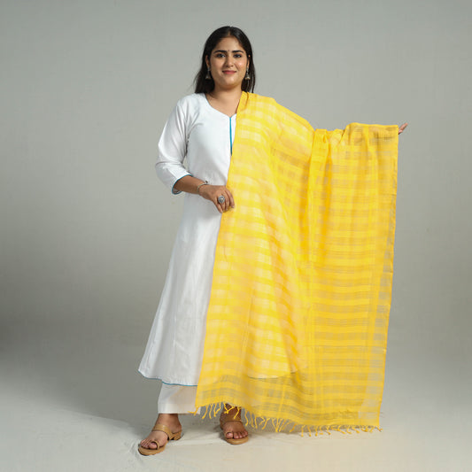 Yellow - Handloom Missing Checks Cotton Mangalagiri Dupatta 04