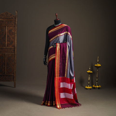 Purple - Mercerised Cotton Silk Khun Saree with Blouse Piece 27