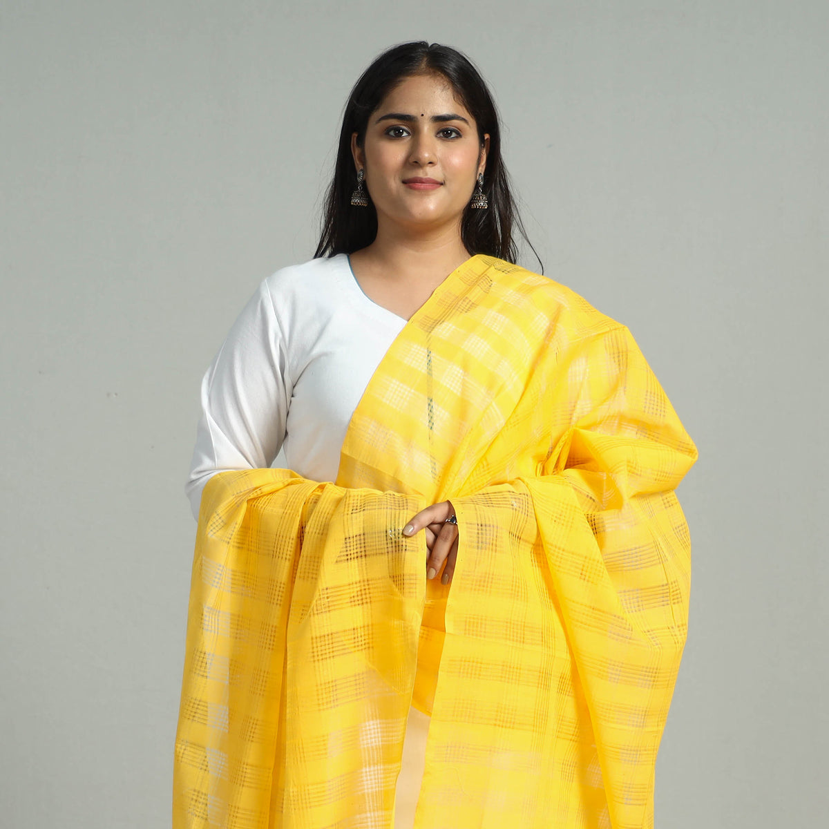 Yellow - Handloom Missing Checks Cotton Mangalagiri Dupatta 04