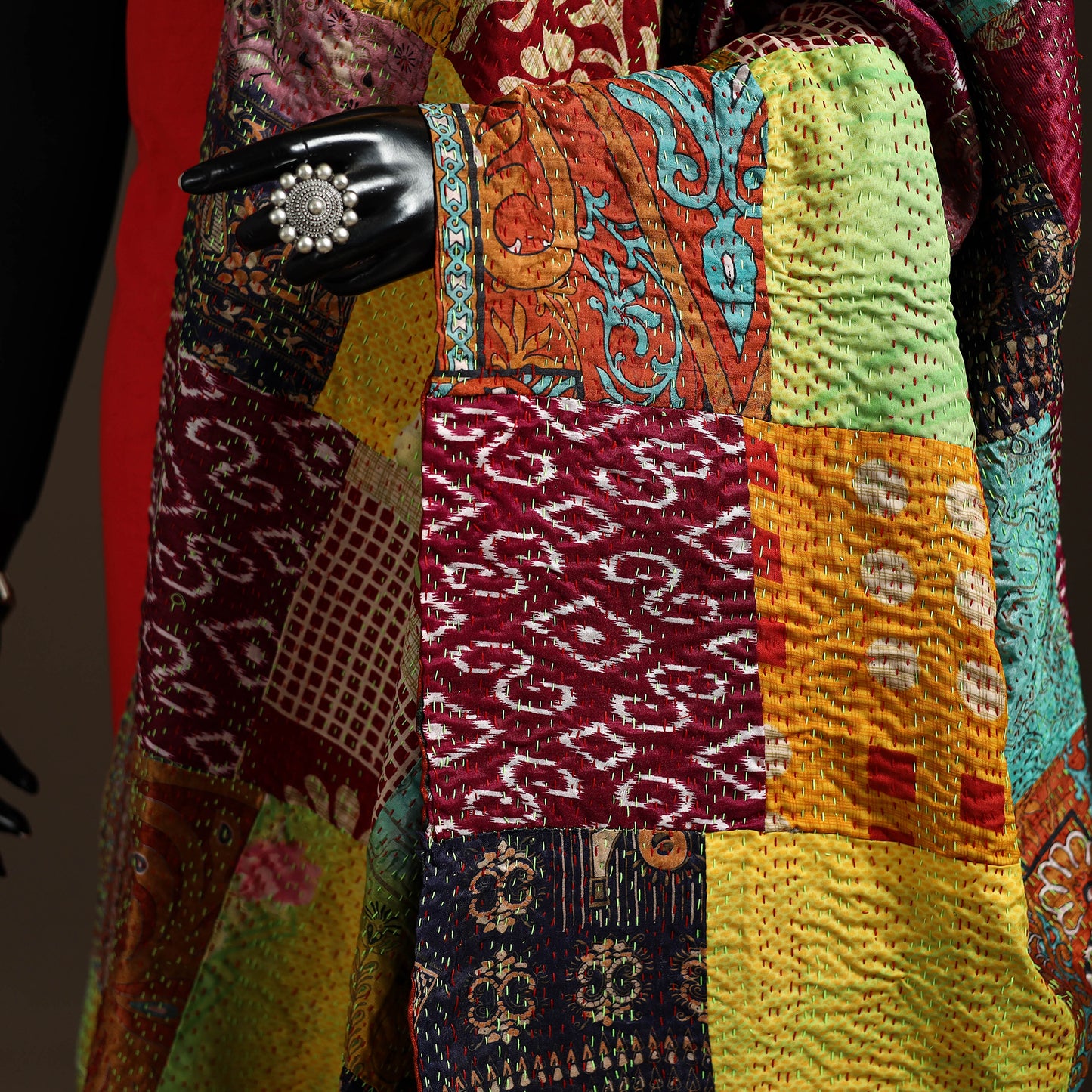 Multicolor - Bengal Hand Embroidery Patchwork Reversible Silk Kantha Dupatta 79