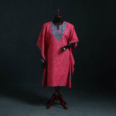 Pink - Kashmiri Kashida Hand Embroidered Cotton Kaftan (Medium) 27