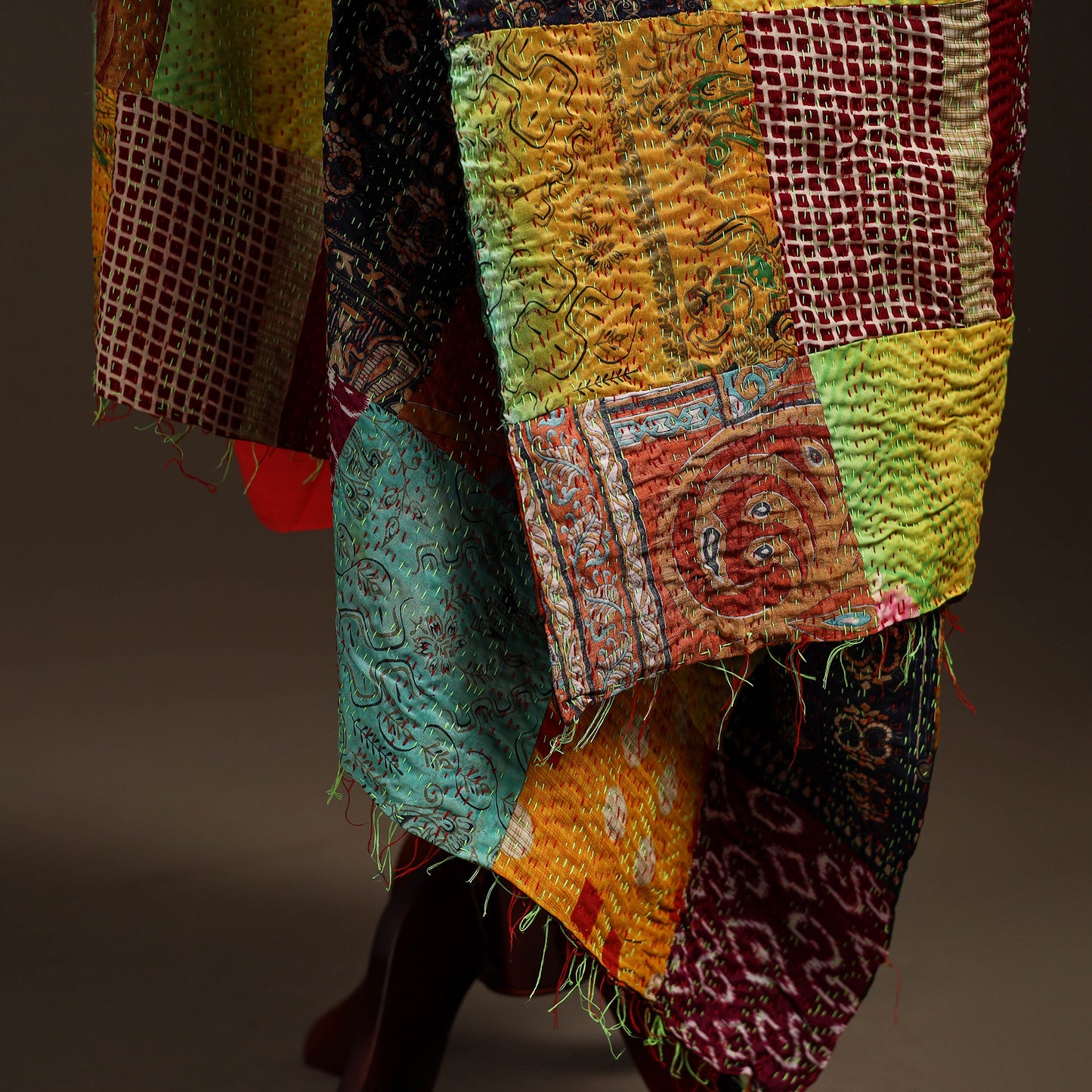 Multicolor - Bengal Hand Embroidery Patchwork Reversible Silk Kantha Dupatta 79