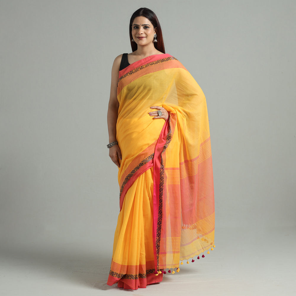 Yellow - Bengal Woven Border Handloom Pure Cotton Saree 59