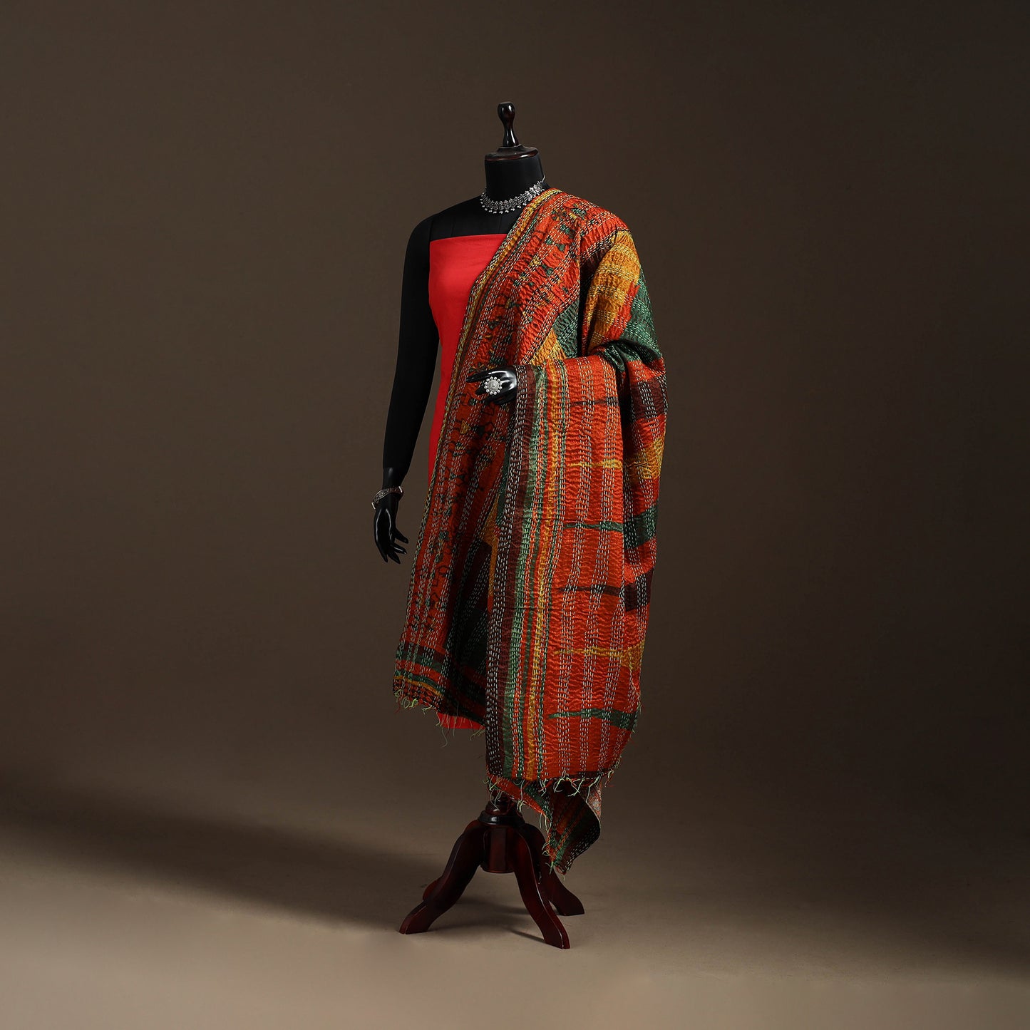 Multicolor - Bengal Hand Embroidery Patchwork Reversible Silk Kantha Dupatta 79