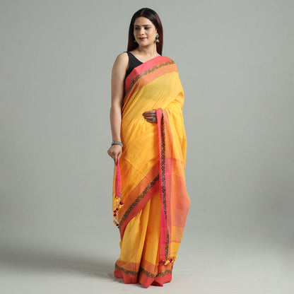 Orange - Bengal Woven Border Handloom Pure Cotton Saree 59
