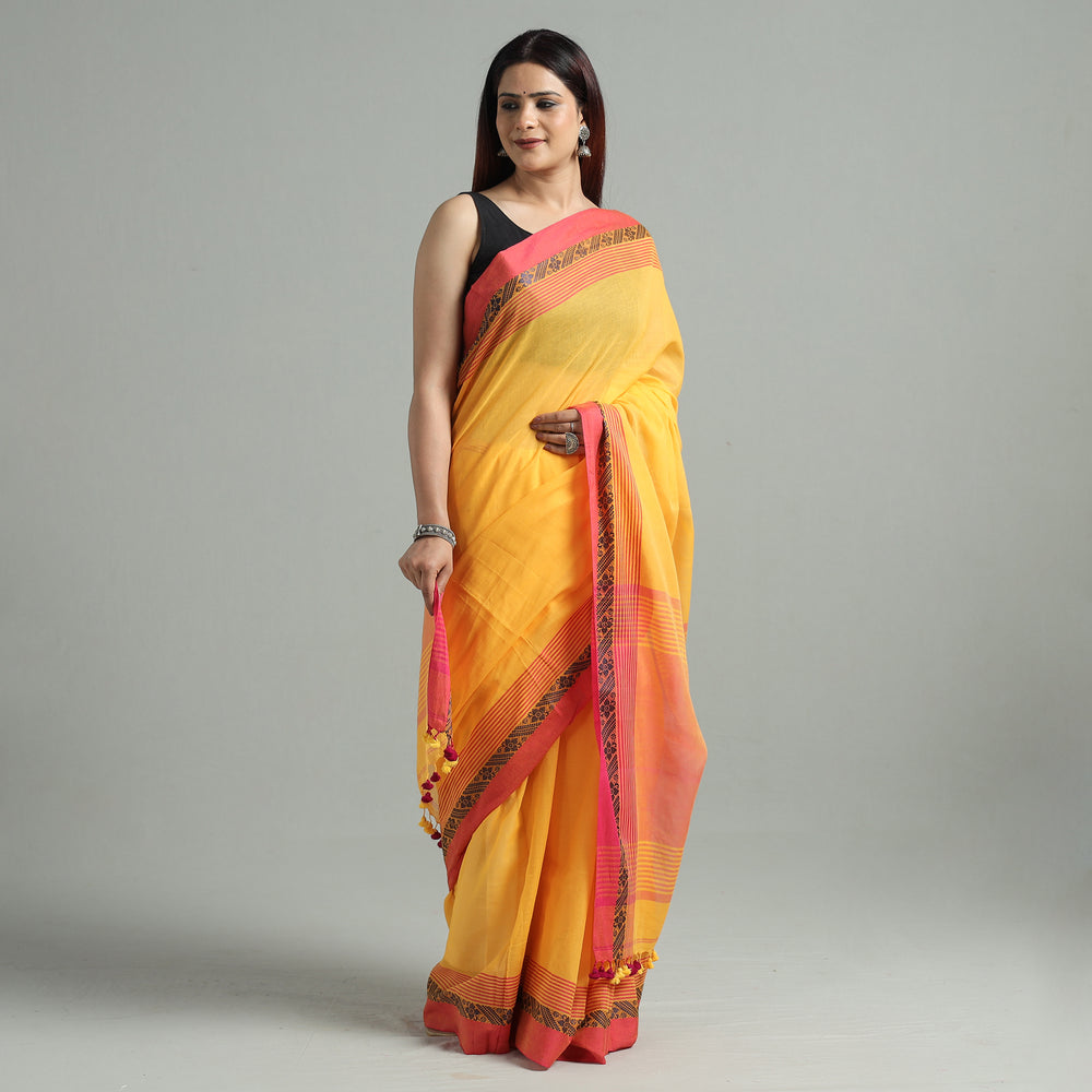 Yellow - Bengal Woven Border Handloom Pure Cotton Saree 59