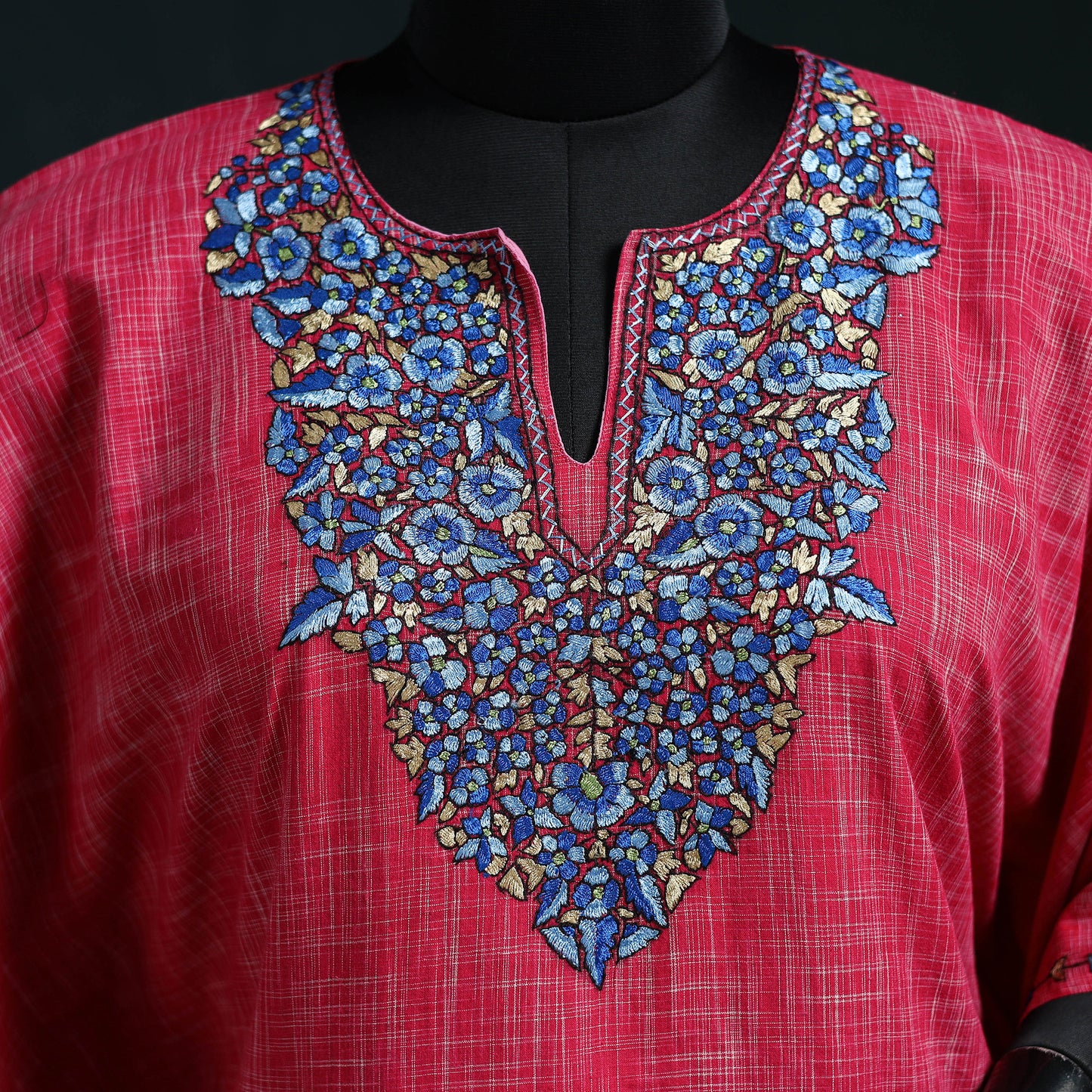 Pink - Kashmiri Kashida Hand Embroidered Cotton Kaftan (Medium) 27