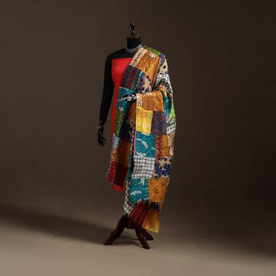 Multicolor - Bengal Hand Embroidery Patchwork Reversible Silk Kantha Dupatta 80