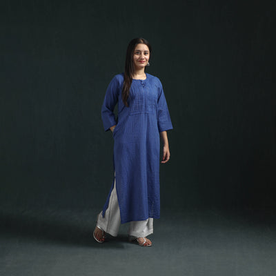 Plain Running Stitch Pintuck Cotton Straight Long Kurta for women 03