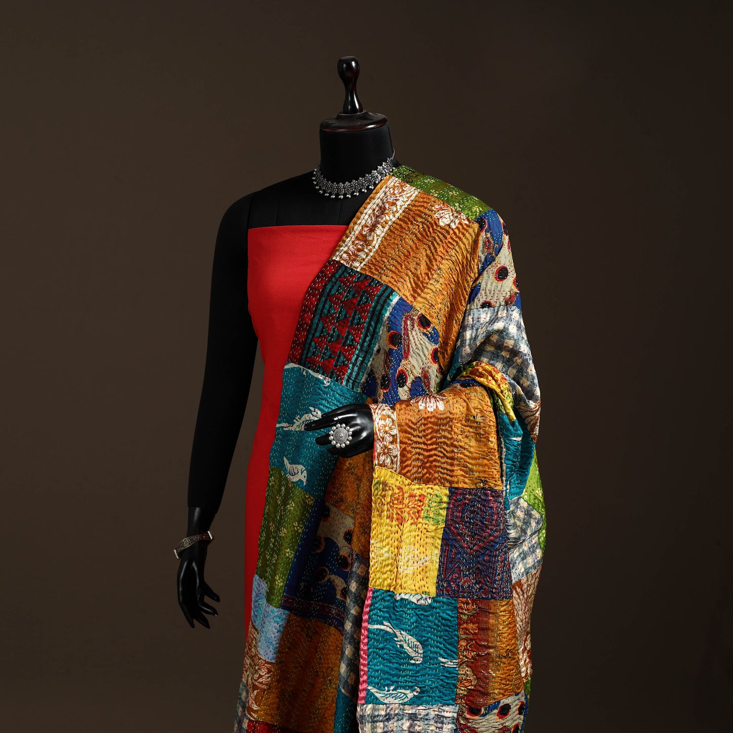 Multicolor - Bengal Hand Embroidery Patchwork Reversible Silk Kantha Dupatta 80