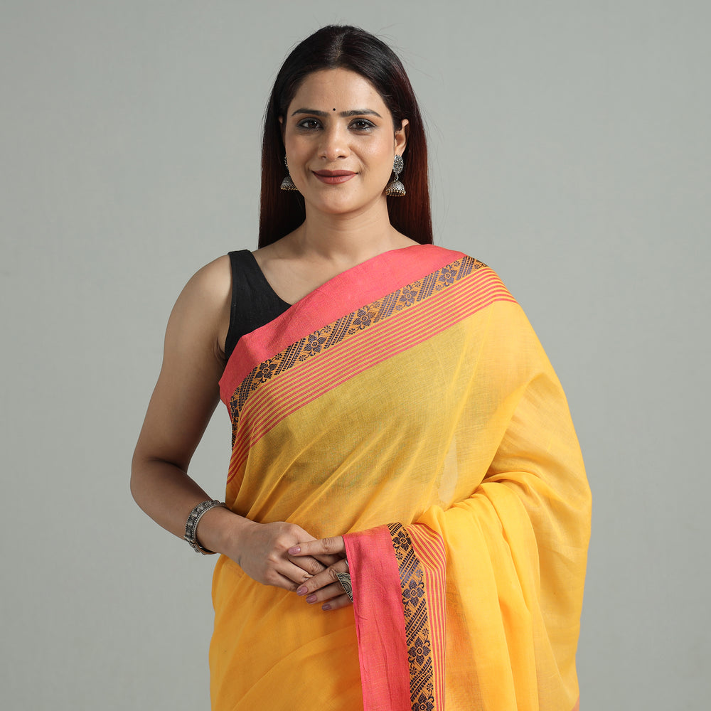 Yellow - Bengal Woven Border Handloom Pure Cotton Saree 59