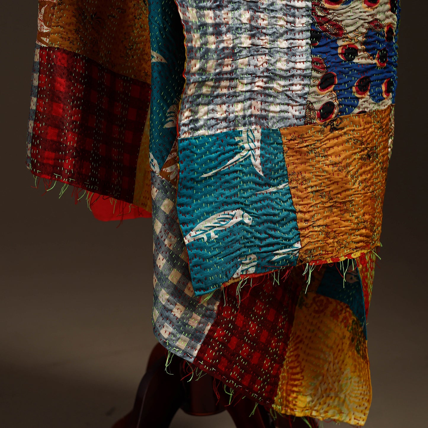 Multicolor - Bengal Hand Embroidery Patchwork Reversible Silk Kantha Dupatta 80