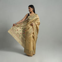 Beige - Handcrafted Bengal Nakshi Kantha Work Silk Saree 57