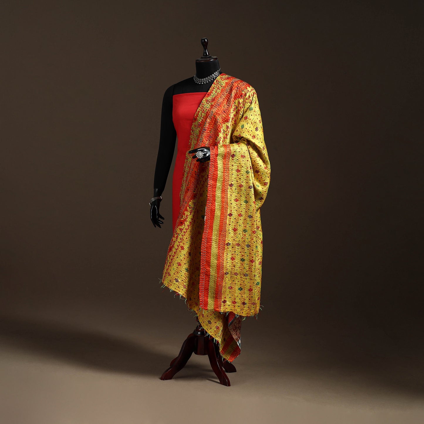 Multicolor - Bengal Hand Embroidery Patchwork Reversible Silk Kantha Dupatta 80