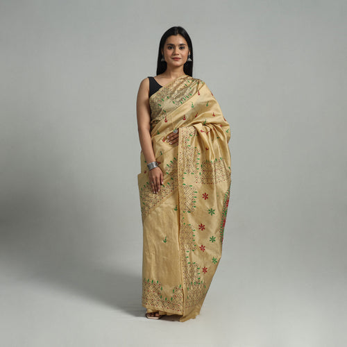 Beige - Handcrafted Bengal Nakshi Kantha Work Silk Saree 57