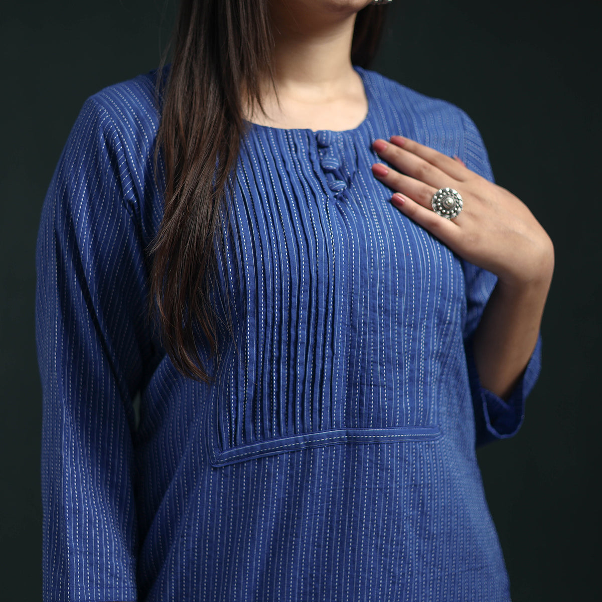 Plain Running Stitch Pintuck Cotton Straight Long Kurta for women 03