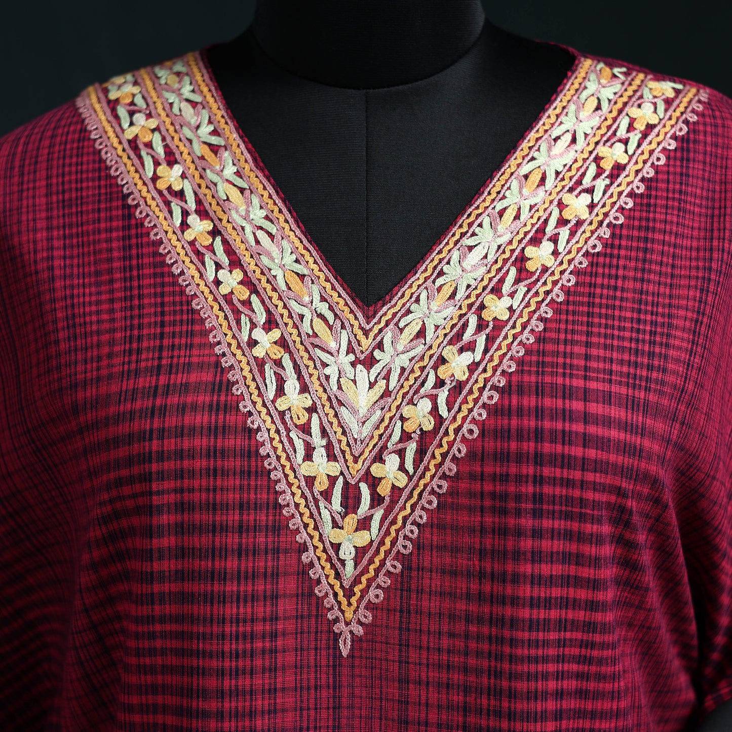 Pink - Kashmiri Aari Hand Embroidered Cotton Kaftan (Medium) 28
